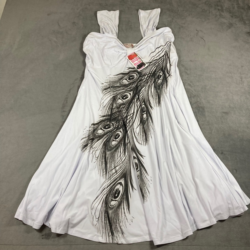 FunFash Peacock Feather Graphic Dress White Black Sleeveless Plus Size 2X